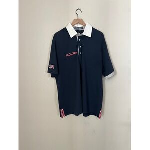 Alial‎ Fital Mens XXL Navy Blue Polo Shirt USA Flag Patch Gingham Trim